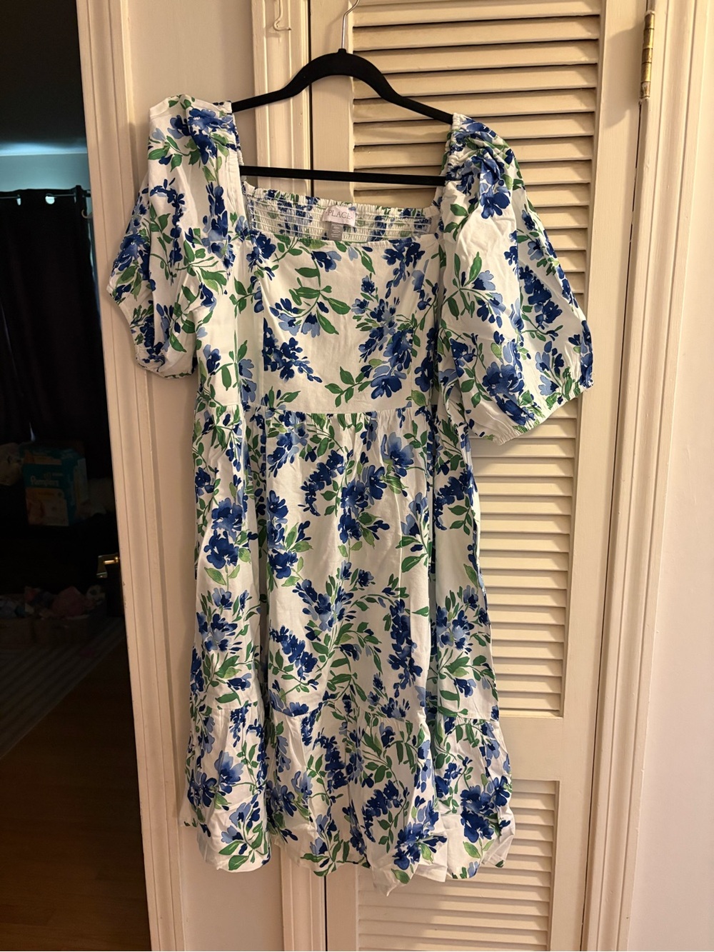 Place White Floral Mini Dress with Blue and Green Print